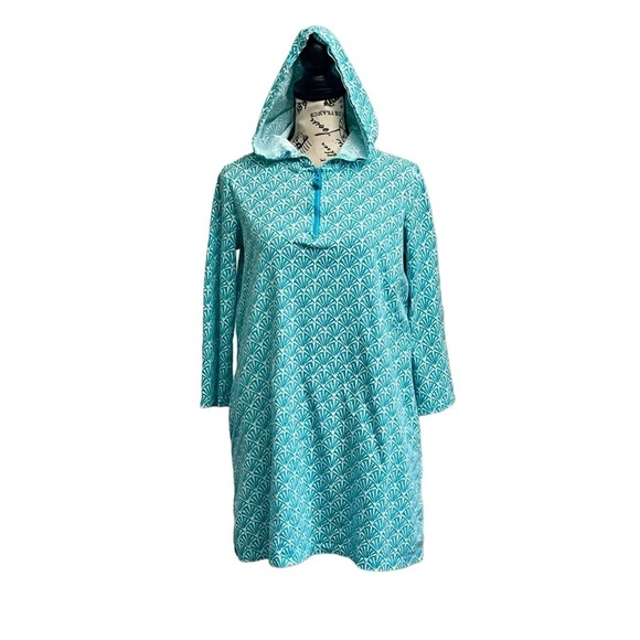 Lands End Hoodie Mini Dress Womens Seashells Teal 3/4 Sleeve Beach Boho Prep XS - Picture 1 of 10